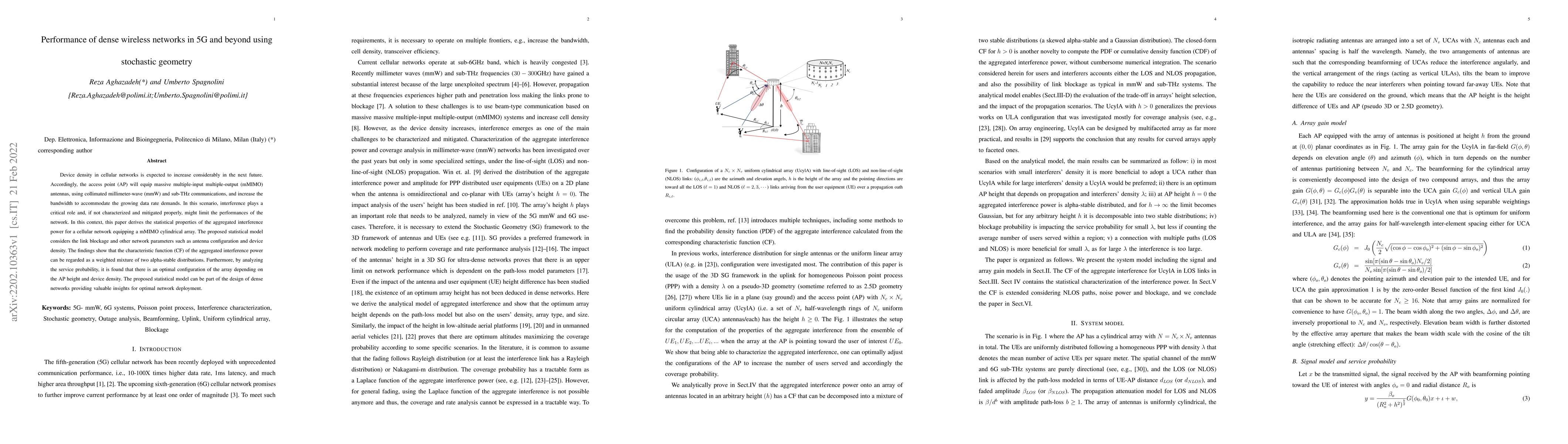 Thumbnail for Performance of dense wireless networks in 5G and beyond using stochastic
  geometry