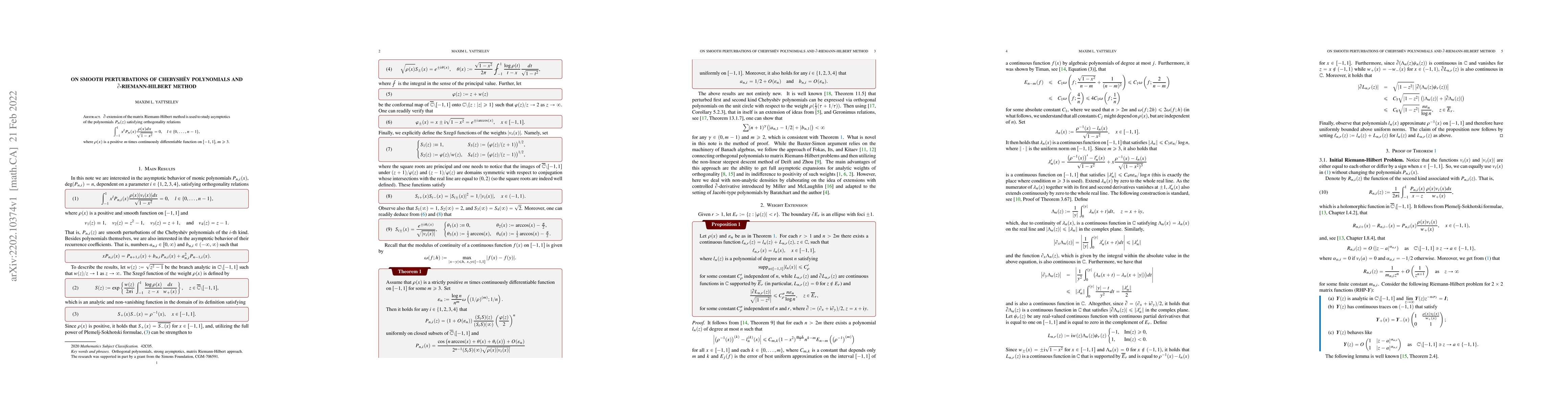 Thumbnail for On Smooth Perturbations of Chebysh\"ev Polynomials and
  $\bar\partial$-Riemann-Hilbert Method