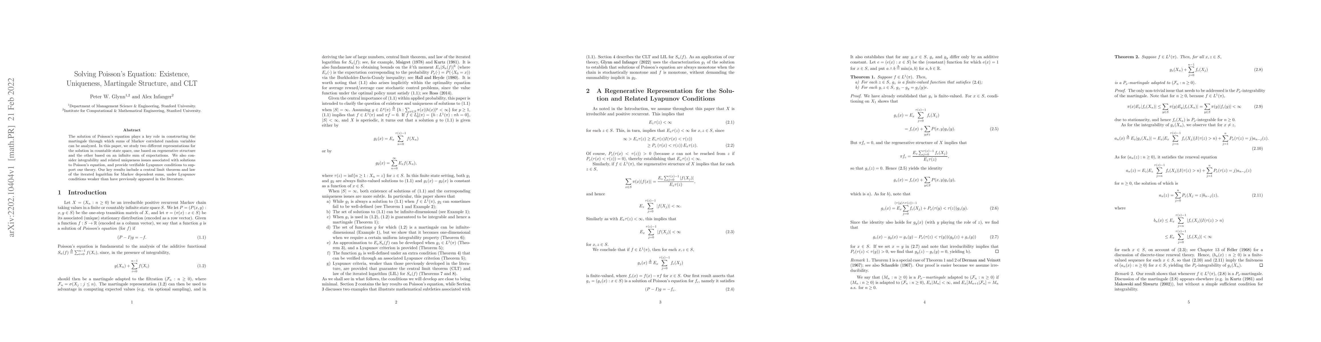 Thumbnail for Solving Poisson's Equation: Existence, Uniqueness, Martingale Structure,
  and CLT