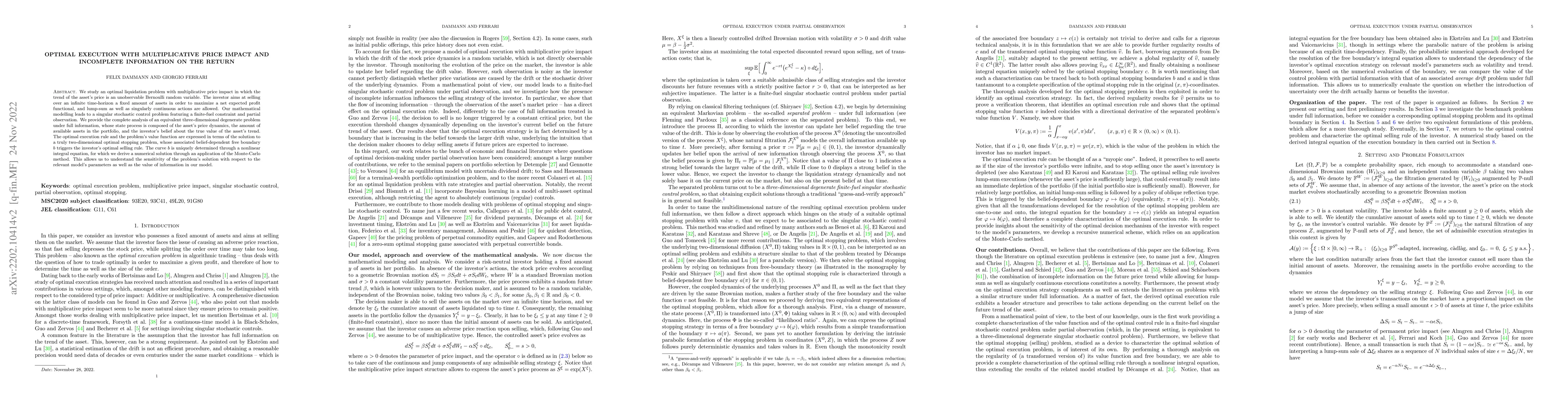 Thumbnail for Optimal Execution with Multiplicative Price Impact and Incomplete
  Information on the Return