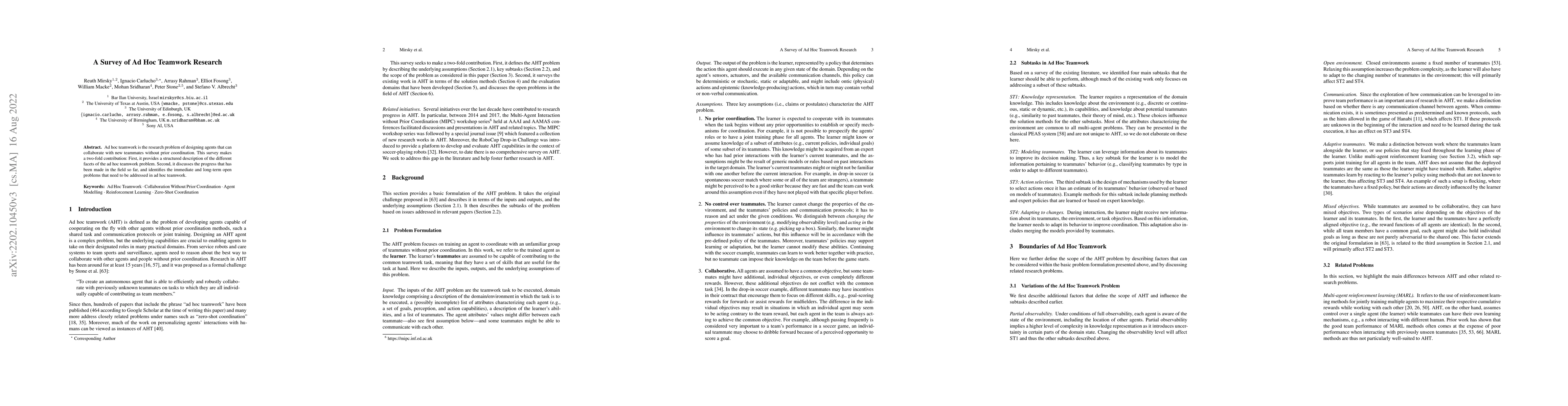 Thumbnail for A Survey of Ad Hoc Teamwork Research