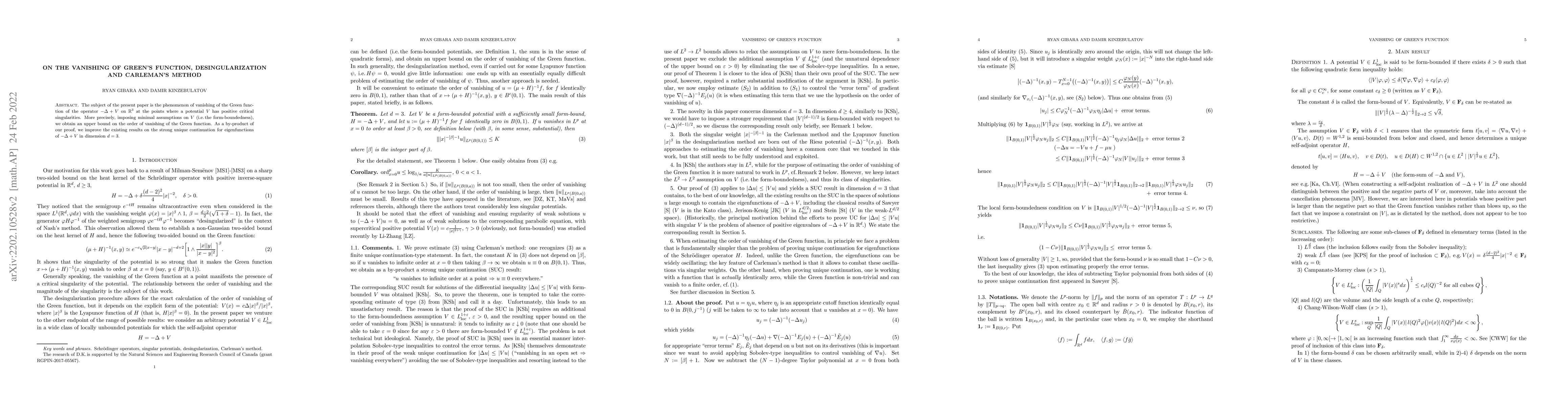 Thumbnail for On the vanishing of Green's function, desingularization and Carleman's
  method