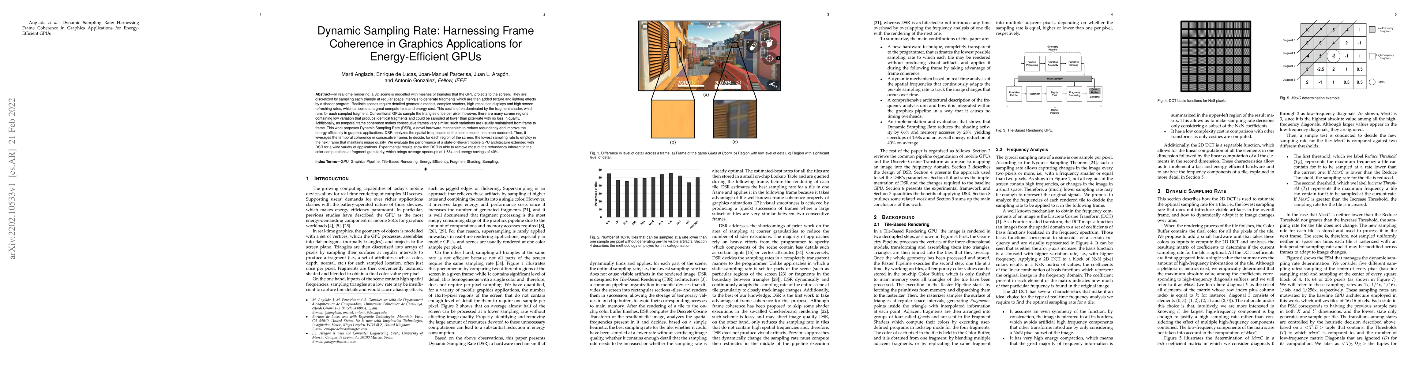 Thumbnail for Dynamic Sampling Rate: Harnessing Frame Coherence in Graphics
  Applications for Energy-Efficient GPUs