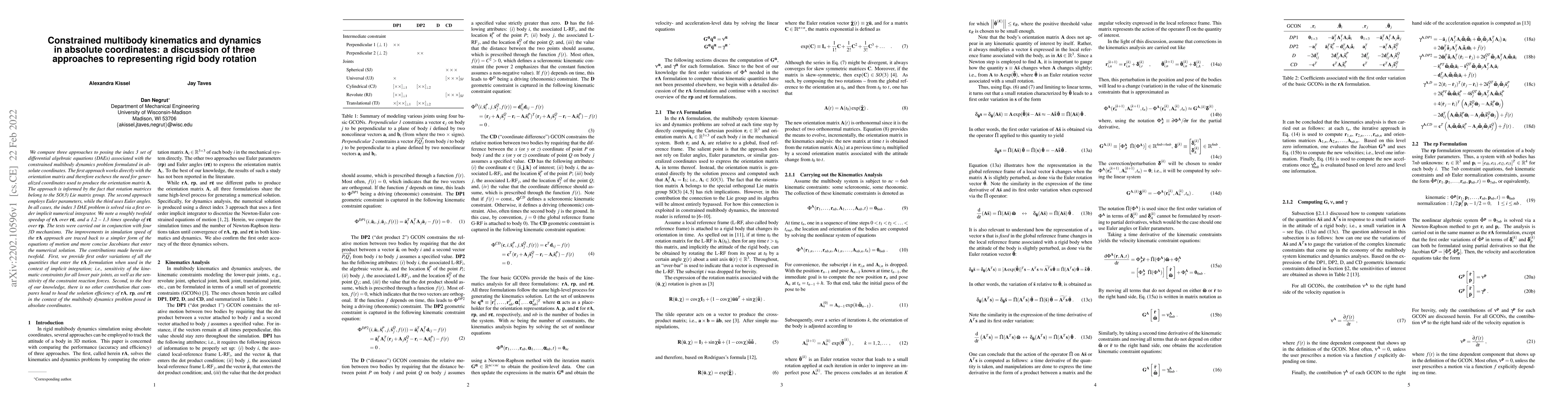Thumbnail for Constrained multibody kinematics and dynamics in absolute coordinates: a
  discussion of three approaches to representing rigid body rotation