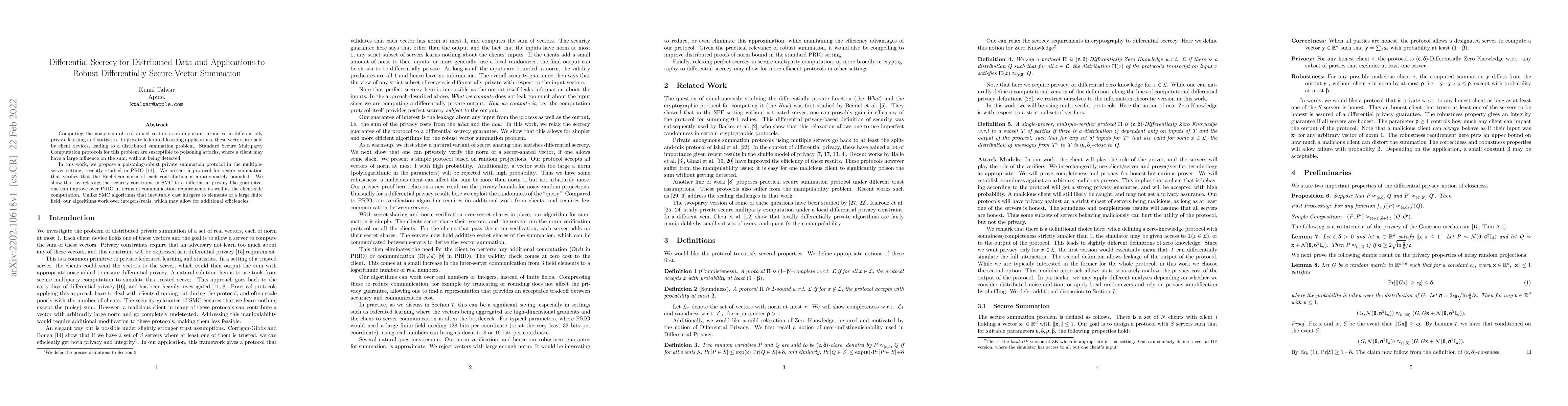 Thumbnail for Differential Secrecy for Distributed Data and Applications to Robust
  Differentially Secure Vector Summation