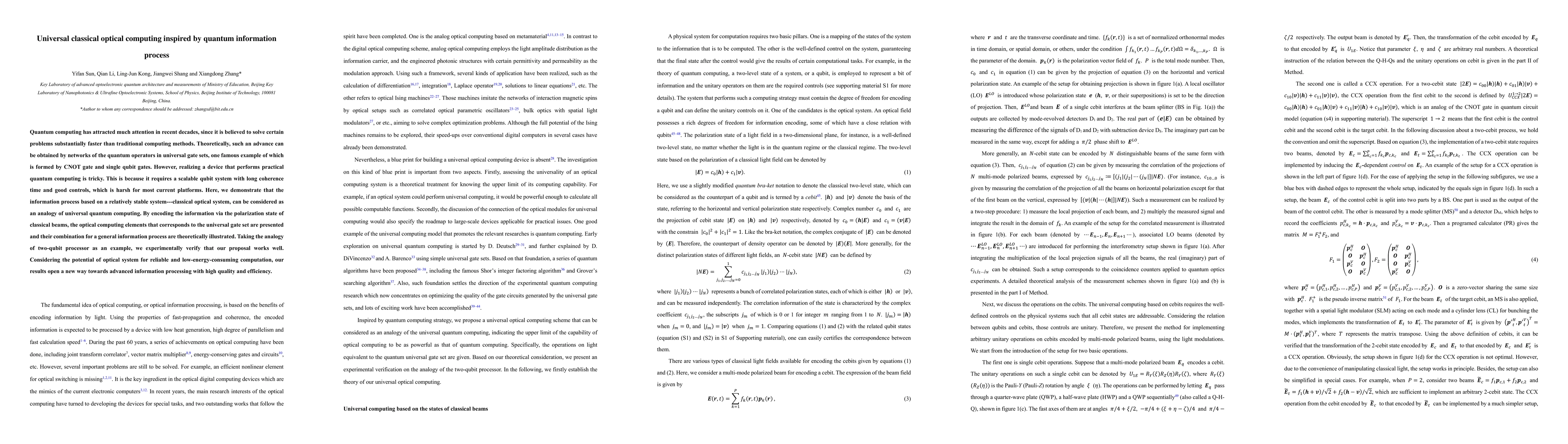 Thumbnail for Universal classical optical computing inspired by quantum information
  process