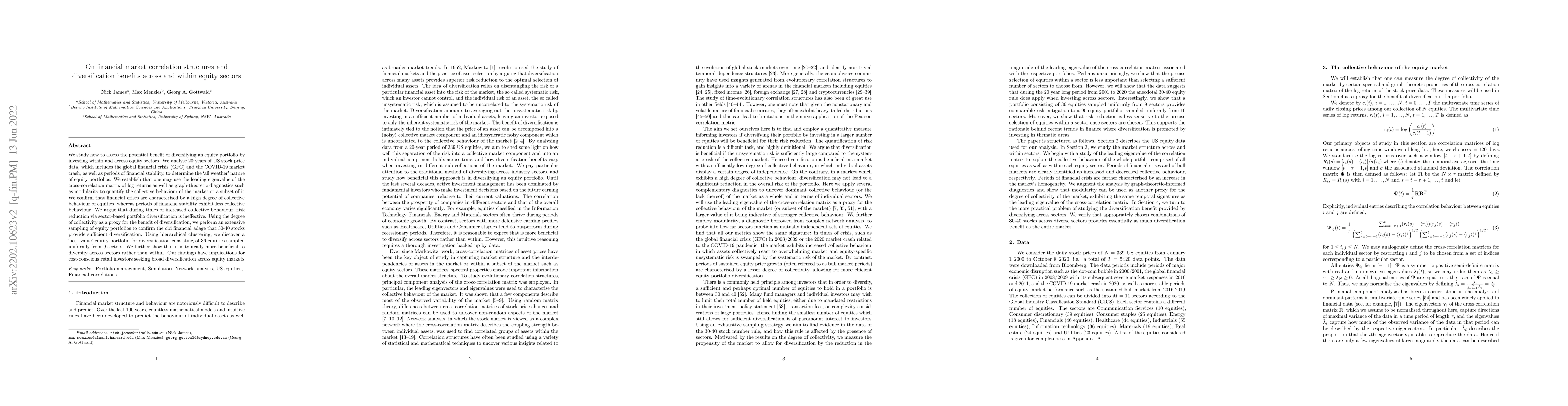 Thumbnail for On financial market correlation structures and diversification benefits
  across and within equity sectors