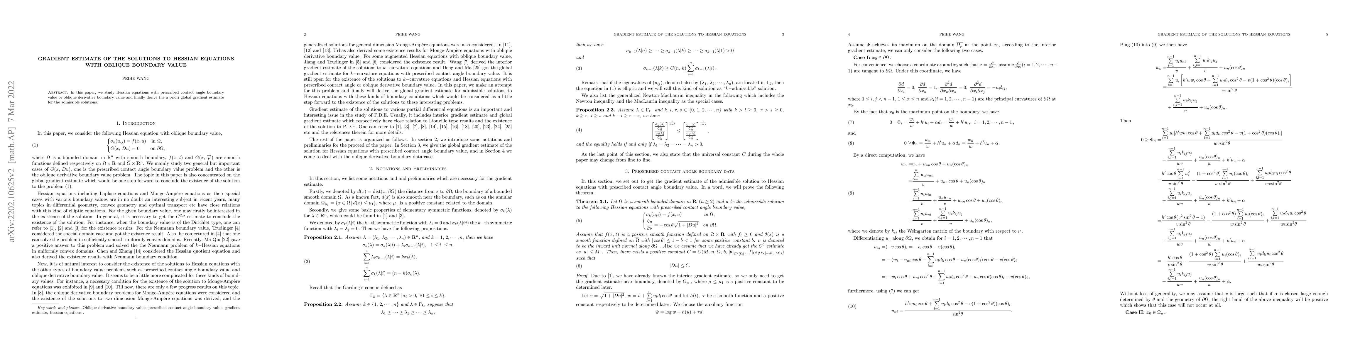 Thumbnail for Gradient estimate of the solutions to Hessian equations with oblique
  boundary value