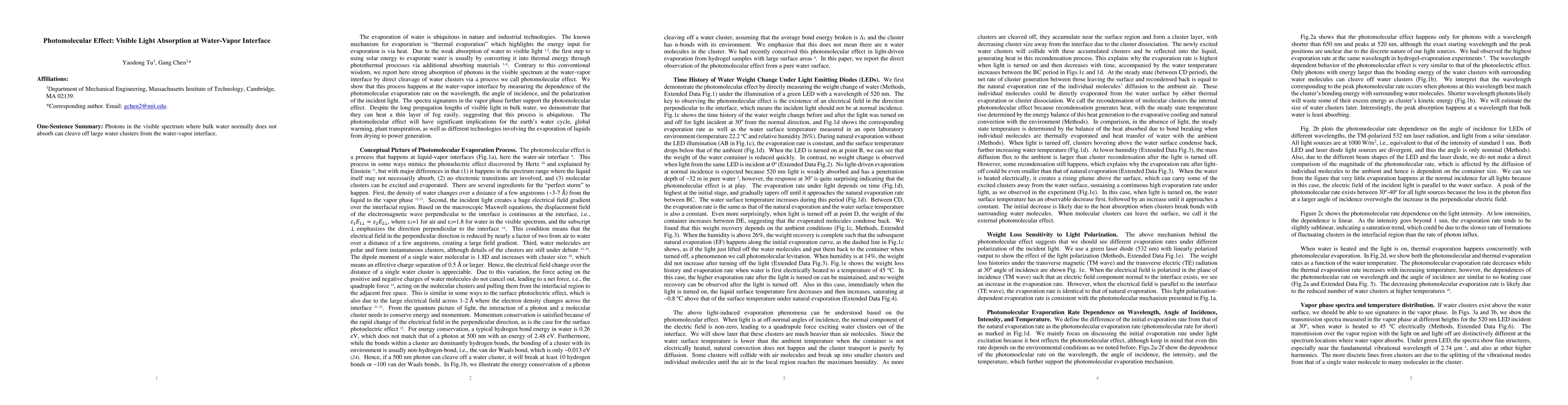 Thumbnail for Photomolecular Effect: Visible Light Absorption at Water-Vapor Interface