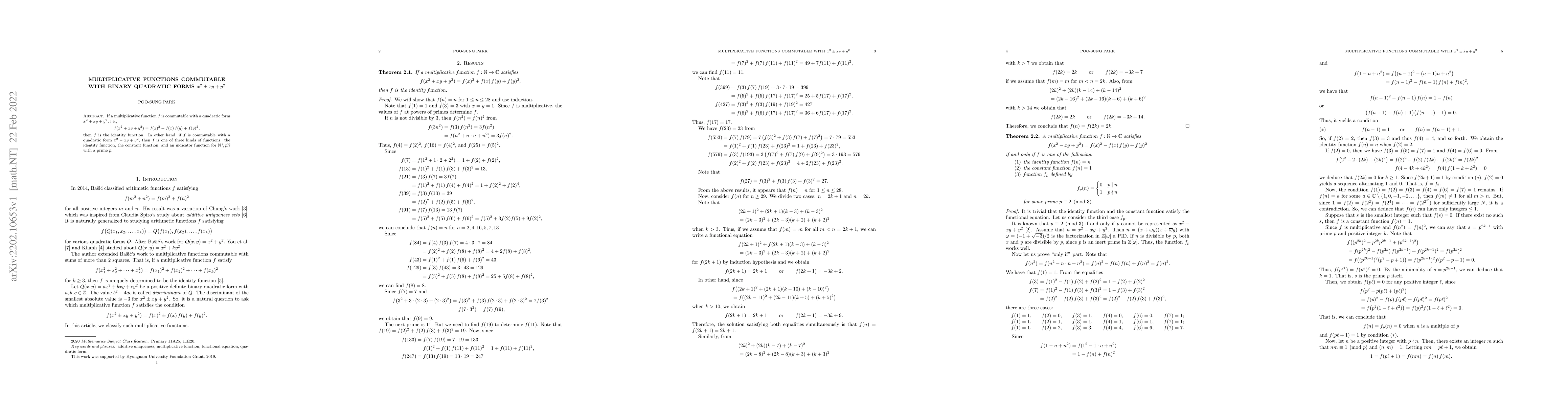 Thumbnail for Multiplicative functions commutable with binary quadratic forms $x^2 \pm
  xy + y^2$