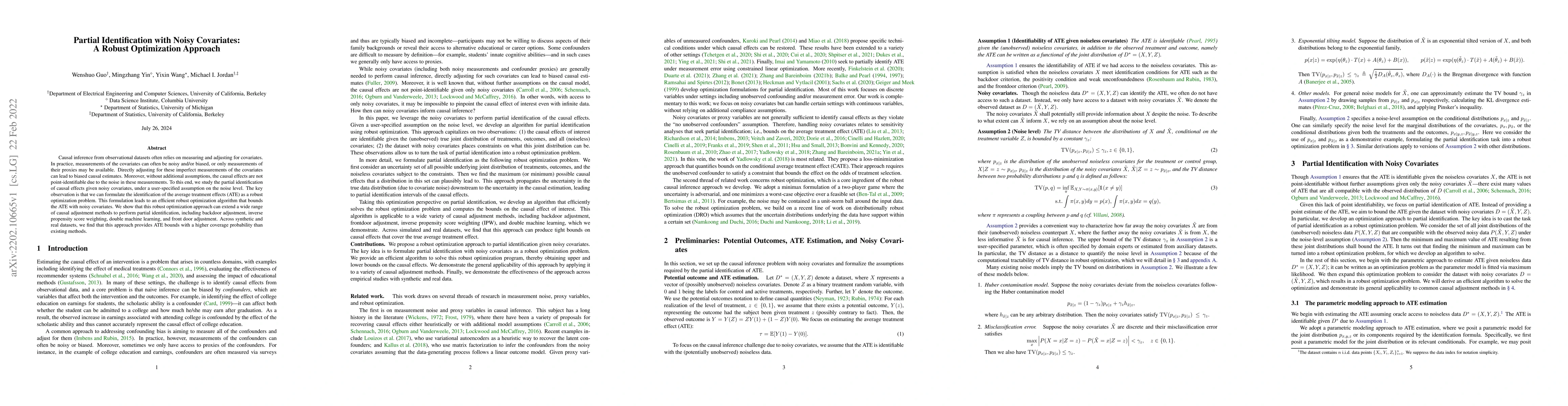 Thumbnail for Partial Identification with Noisy Covariates: A Robust Optimization
  Approach