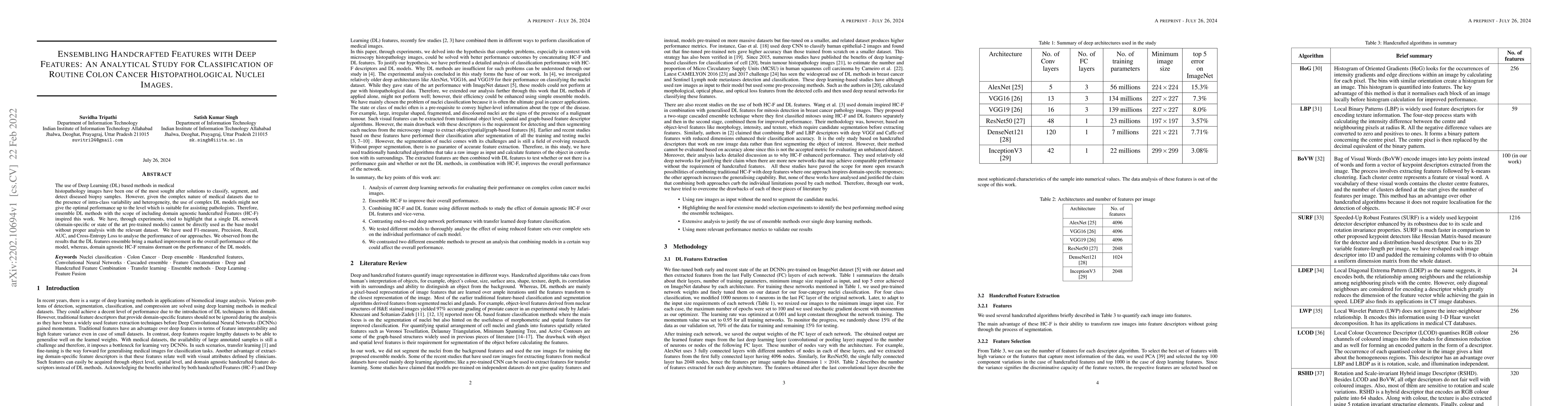 Thumbnail for Ensembling Handcrafted Features with Deep Features: An Analytical Study
  for Classification of Routine Colon Cancer Histopathological Nuclei Images