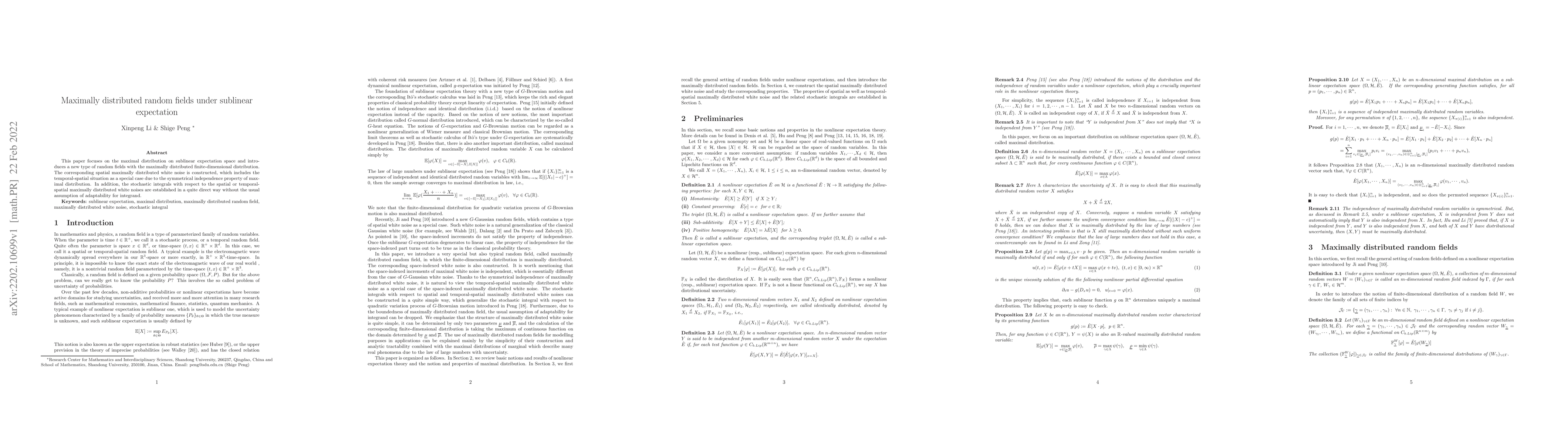 Thumbnail for Maximally distributed random fields under sublinear expectation