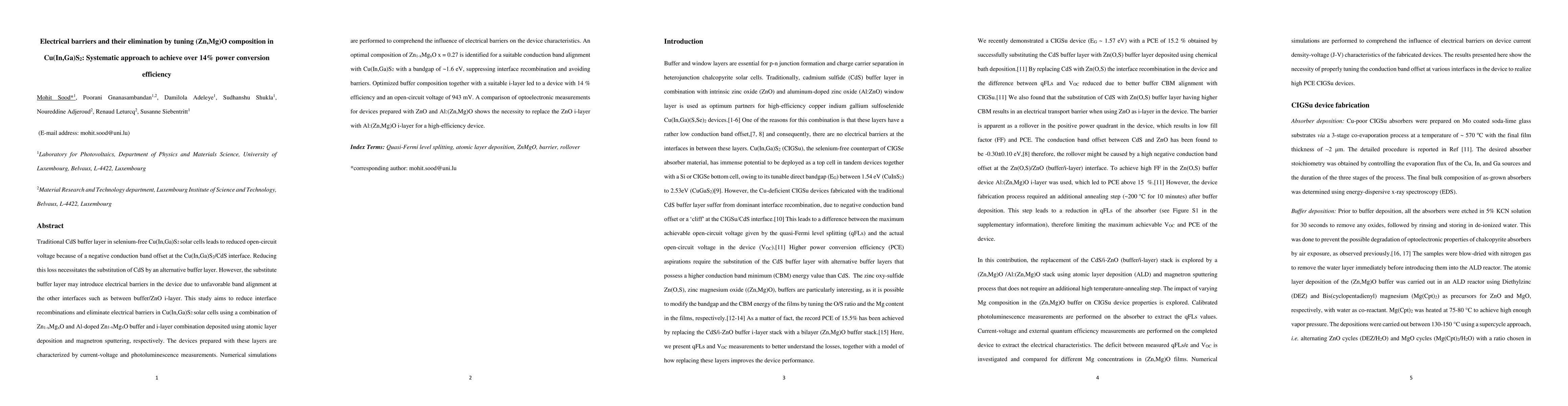 Thumbnail for Electrical barriers and their elimination by tuning (Zn,Mg)O composition
  in Cu(In,Ga)S2: Systematic approach to achieve over 14% power conversion
  efficiency