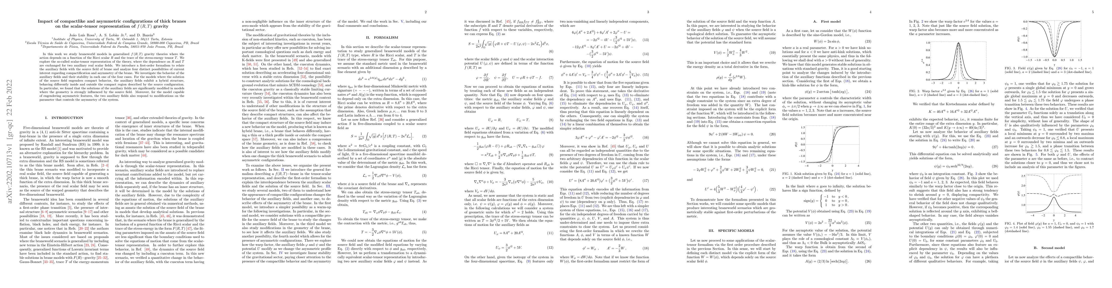 Thumbnail for Impact of compactlike and asymmetric configurations of thick branes on
  the scalar-tensor representation of $f\left(R,T\right)$ gravity