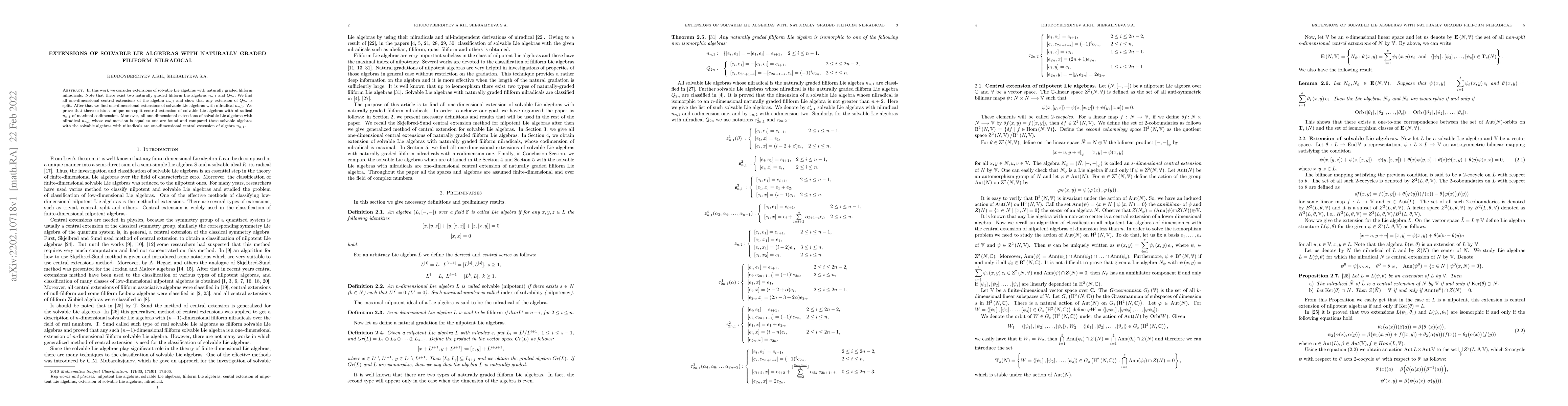 Thumbnail for Extensions of solvable Lie algebras with naturally graded filiform
  nilradical