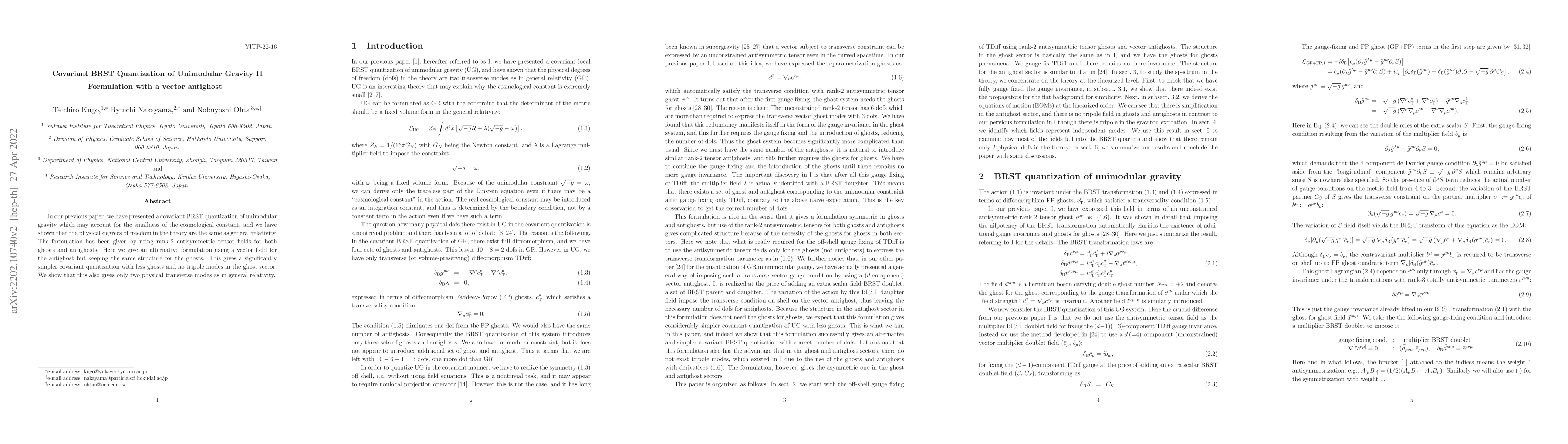 Thumbnail for Covariant BRST Quantization of Unimodular Gravity II -- Formulation with
  a vector antighost --