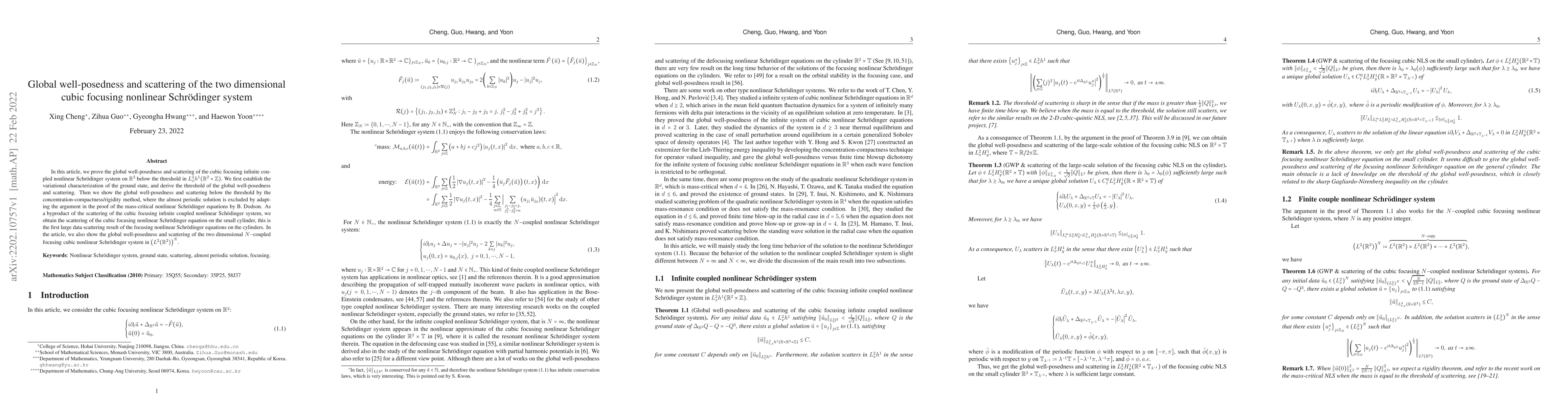 Thumbnail for Global well-posedness and scattering of the two dimensional cubic
  focusing nonlinear Schr\"odinger system