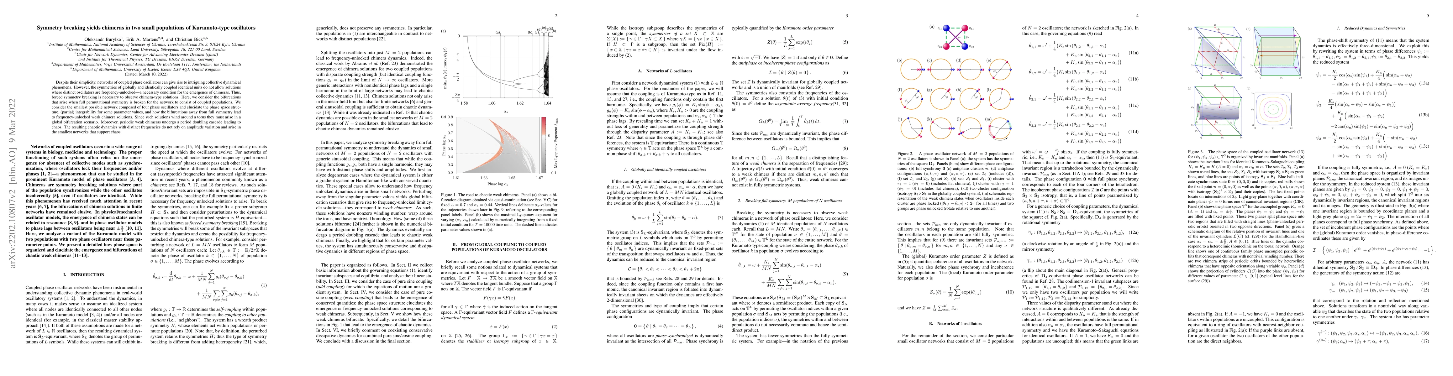 Thumbnail for Symmetry breaking yields chimeras in two small populations of
  Kuramoto-type oscillators