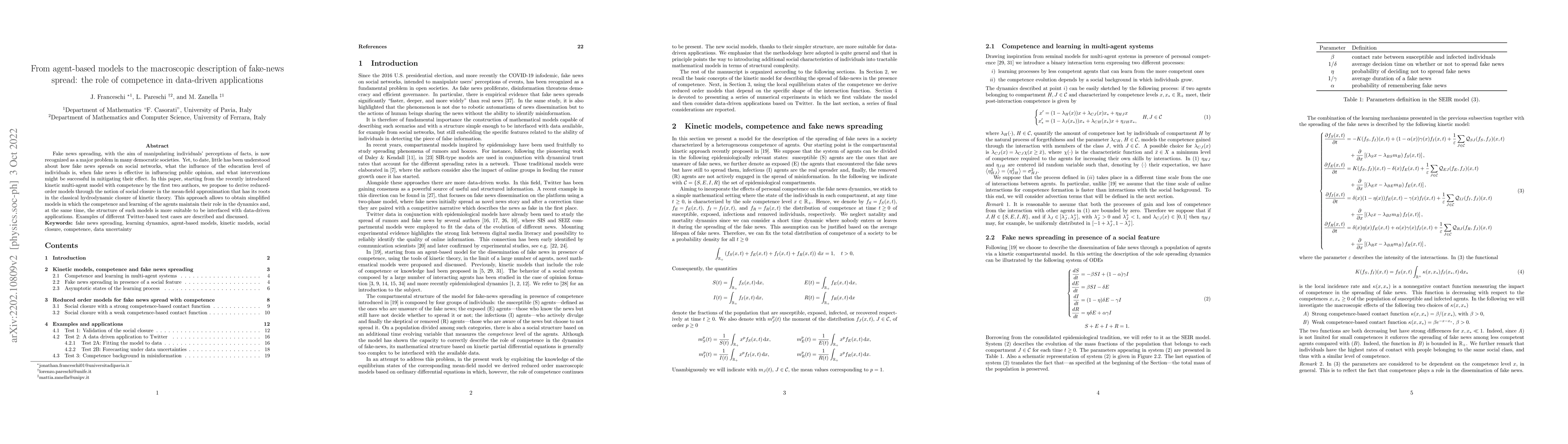 Thumbnail for From agent-based models to the macroscopic description of fake-news
  spread: the role of competence in data-driven applications