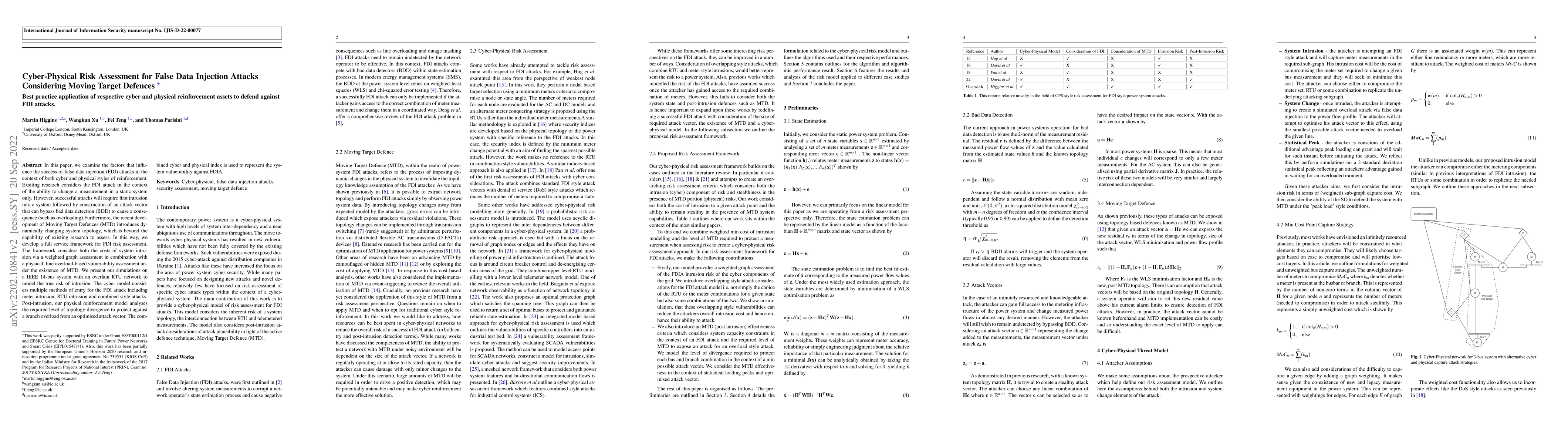 Thumbnail for Cyber-Physical Risk Assessment for False Data Injection Attacks
  Considering Moving Target Defences