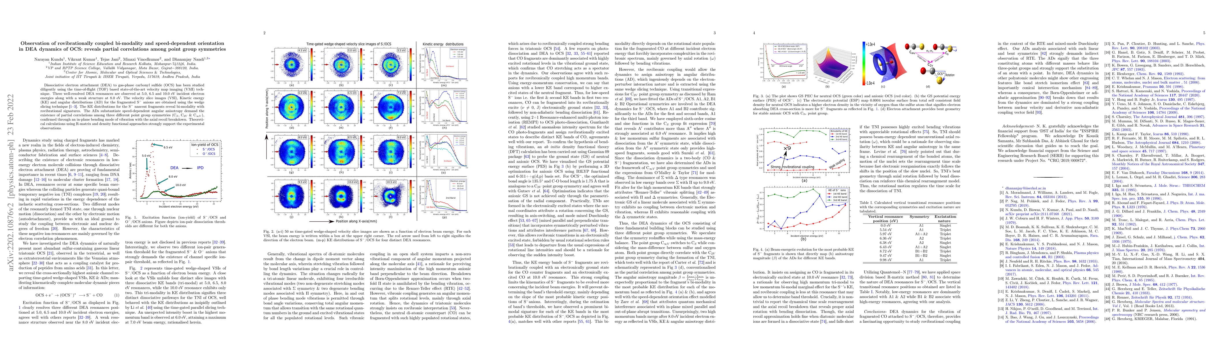 Thumbnail for Observation of rovibrationally coupled bi-modality and speed-dependent
  orientation in DEA dynamics of OCS: reveals partial correlations among point
  group symmetries