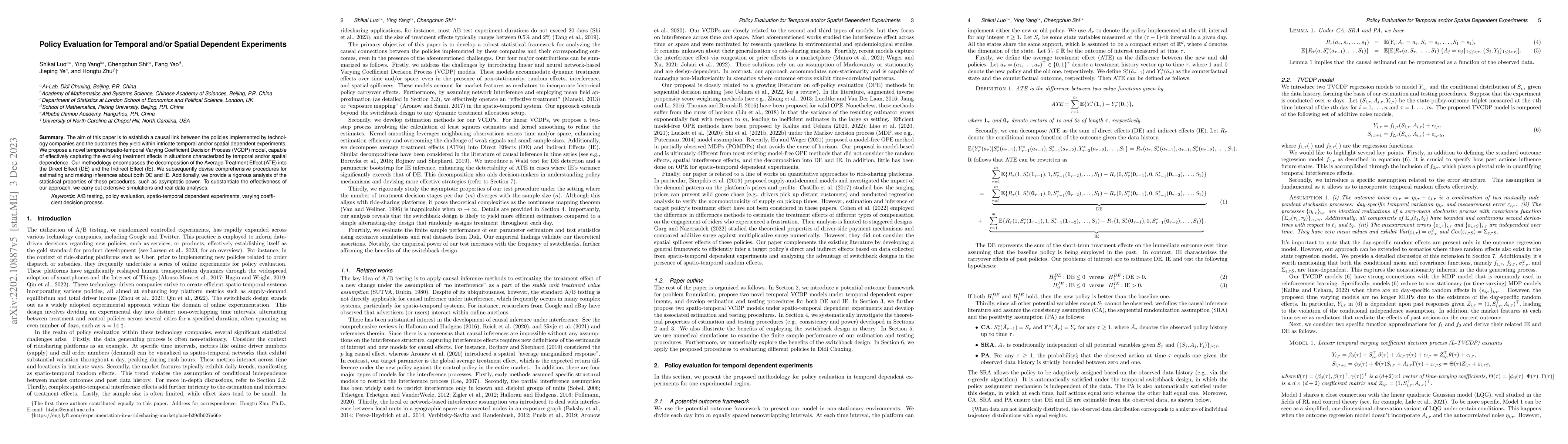 Thumbnail for Policy Evaluation for Temporal and/or Spatial Dependent Experiments