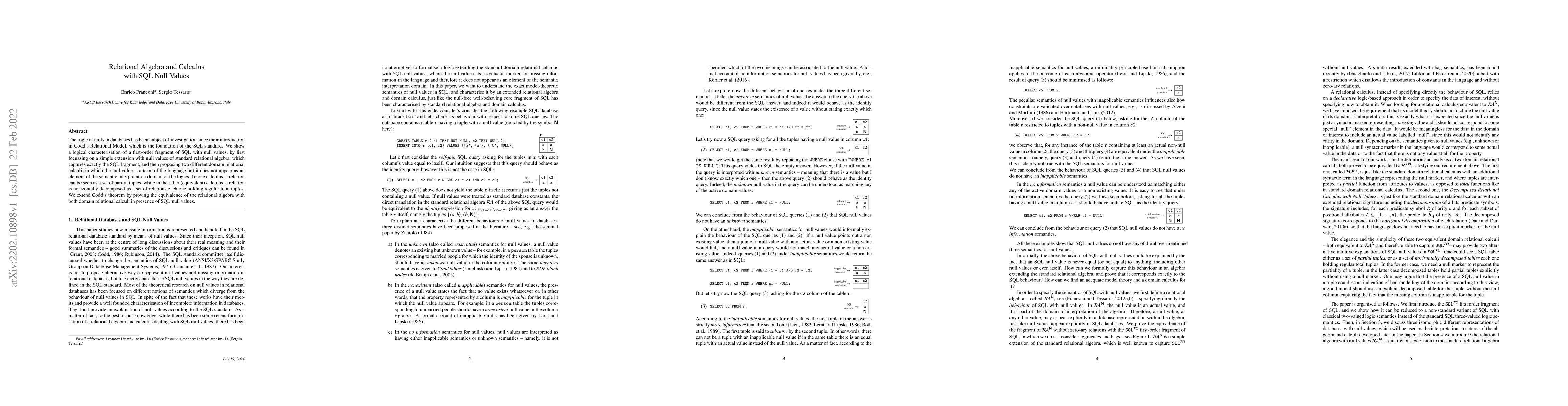 Thumbnail for Relational Algebra and Calculus with SQL Null Values