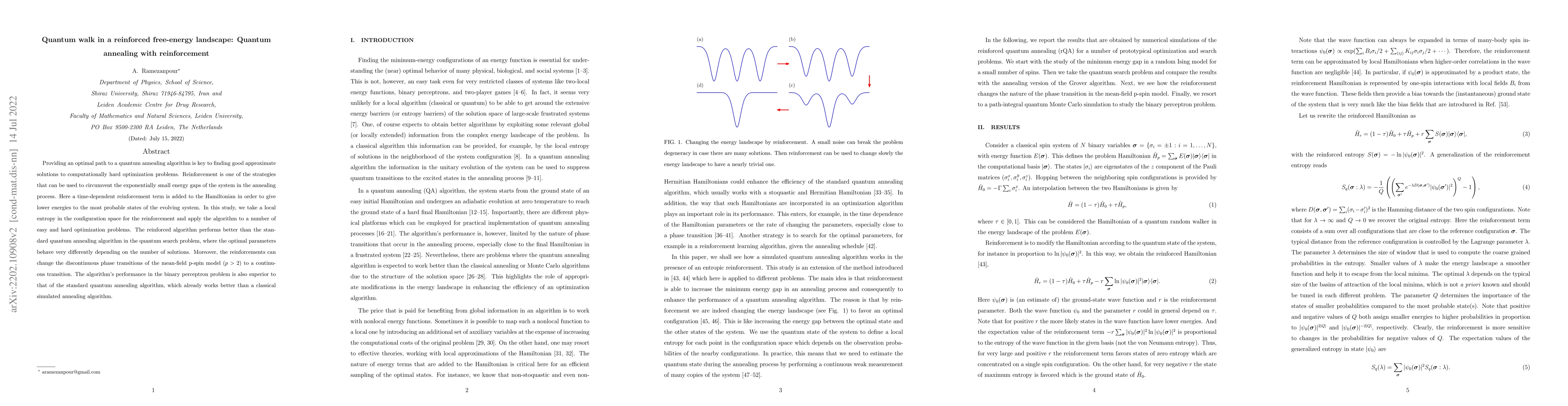 Thumbnail for Quantum walk in a reinforced free-energy landscape: Quantum annealing
  with reinforcement