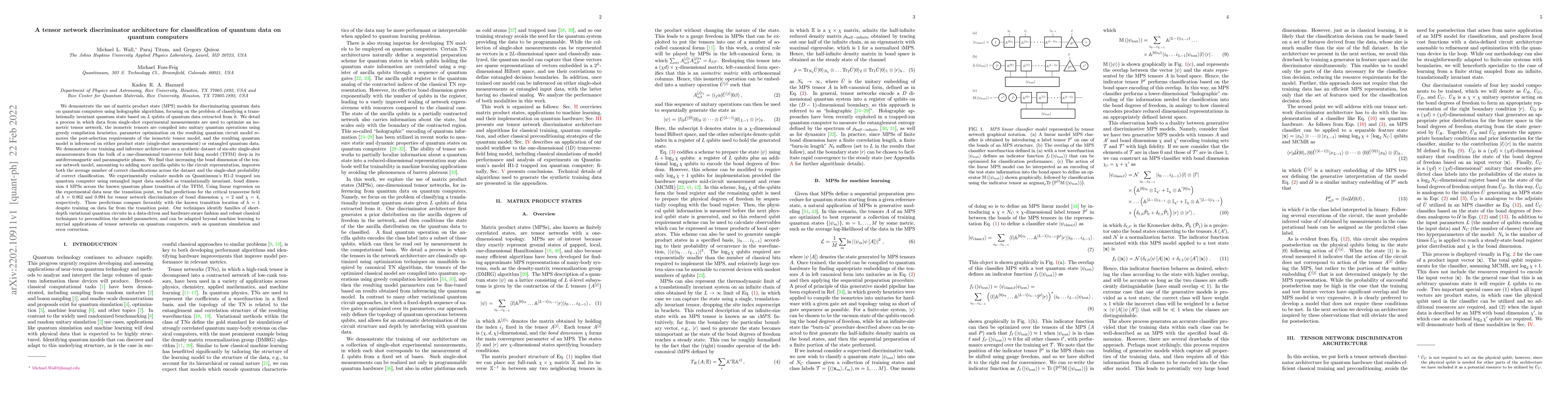 Thumbnail for A tensor network discriminator architecture for classification of
  quantum data on quantum computers