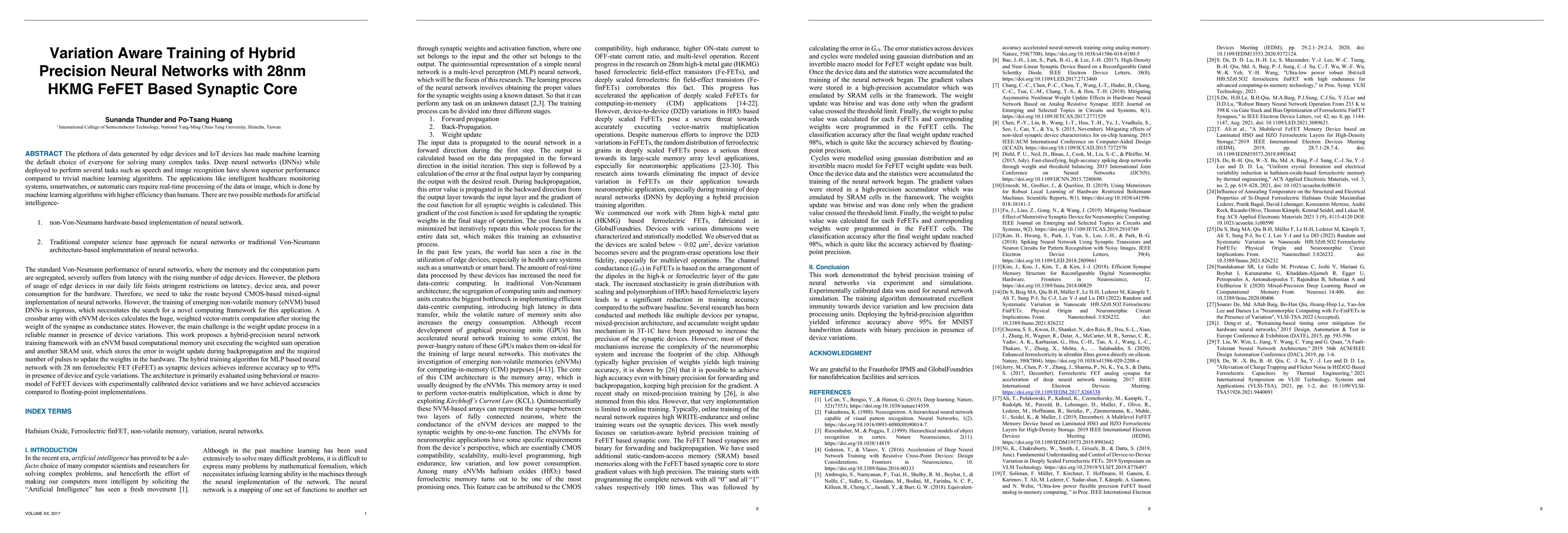 Thumbnail for Variation Aware Training of Hybrid Precision Neural Networks with 28nm
  HKMG FeFET Based Synaptic Core