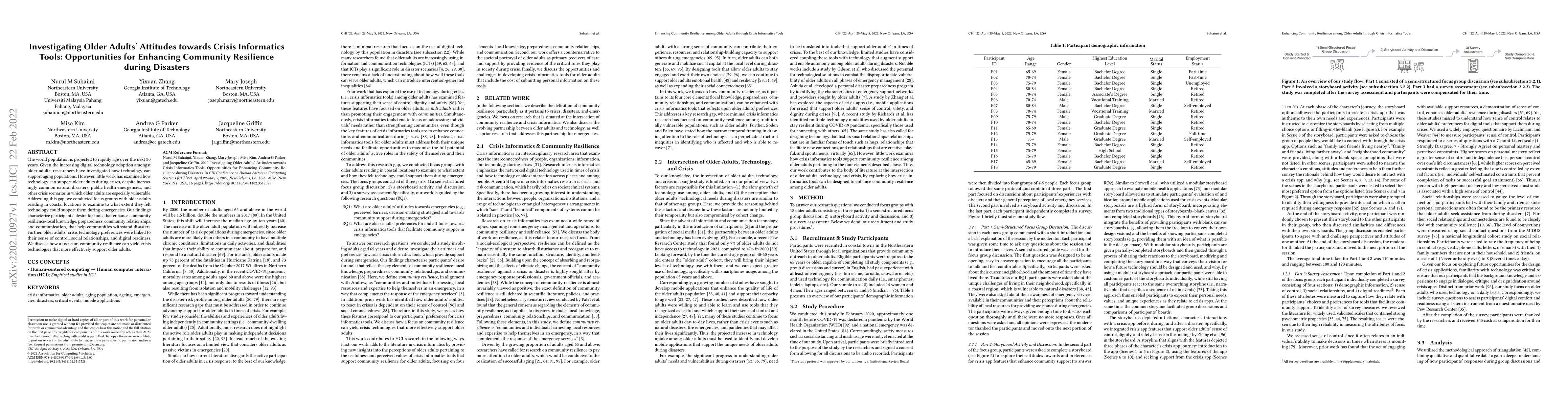 Thumbnail for Investigating Older Adults' Attitudes towards Crisis Informatics Tools:
  Opportunities for Enhancing Community Resilience during Disasters
