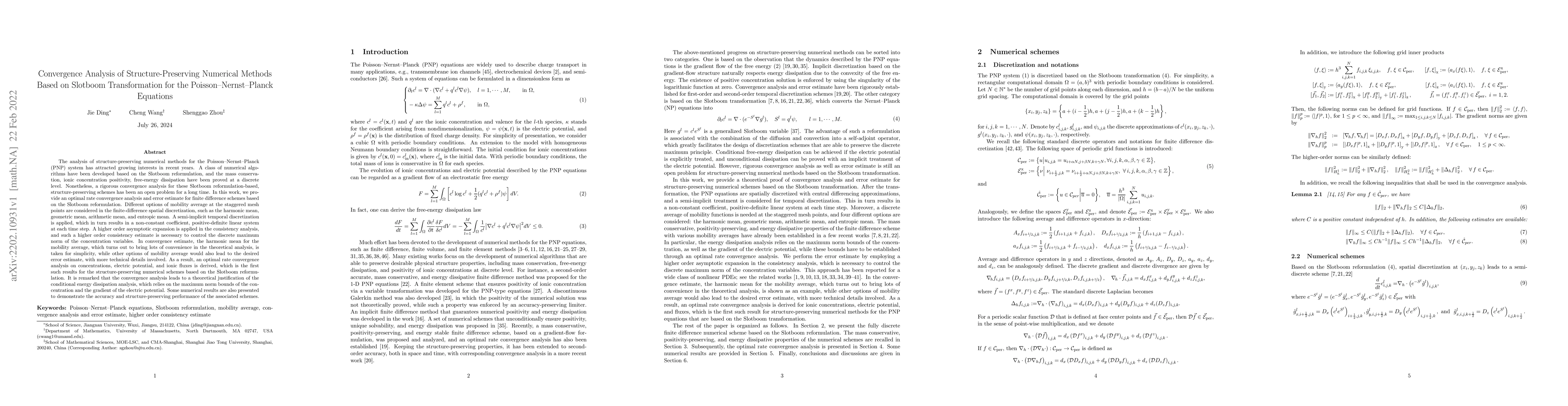 Thumbnail for Convergence Analysis of Structure-Preserving Numerical Methods Based on
  Slotboom Transformation for the Poisson--Nernst--Planck Equations