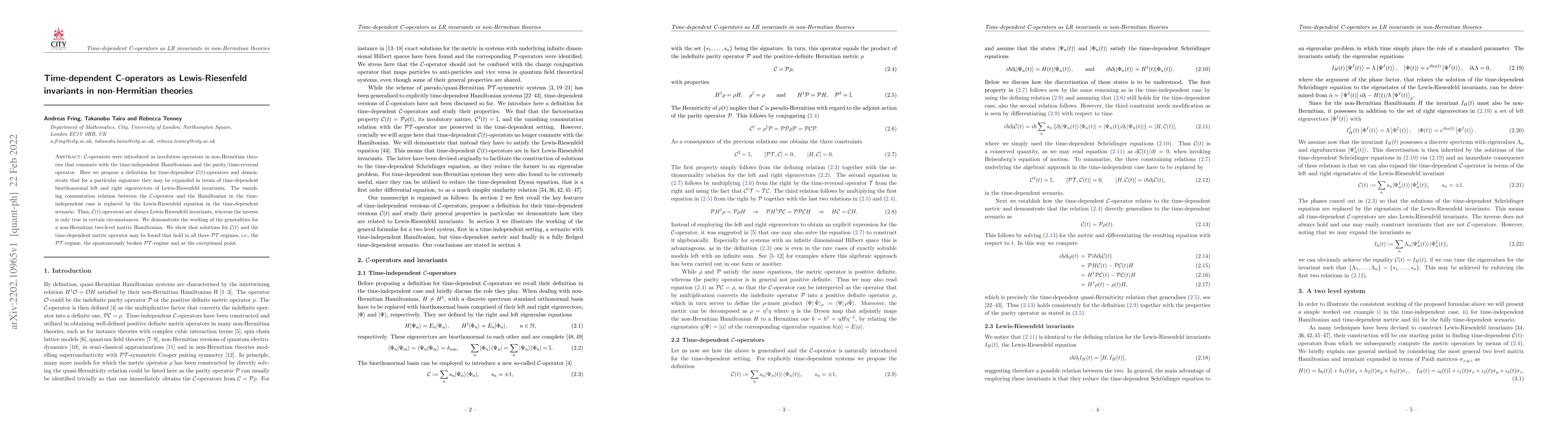 Thumbnail for Time-dependent C-operators as Lewis-Riesenfeld invariants in
  non-Hermitian theories