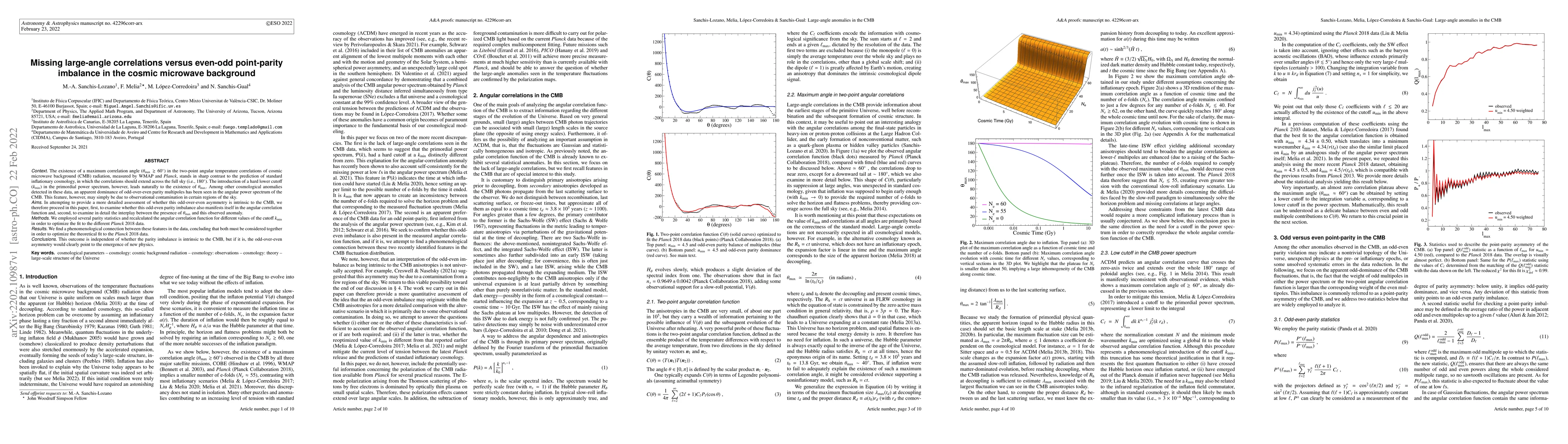 Thumbnail for Missing large-angle correlations versus even-odd point-parity imbalance
  in the cosmic microwave background