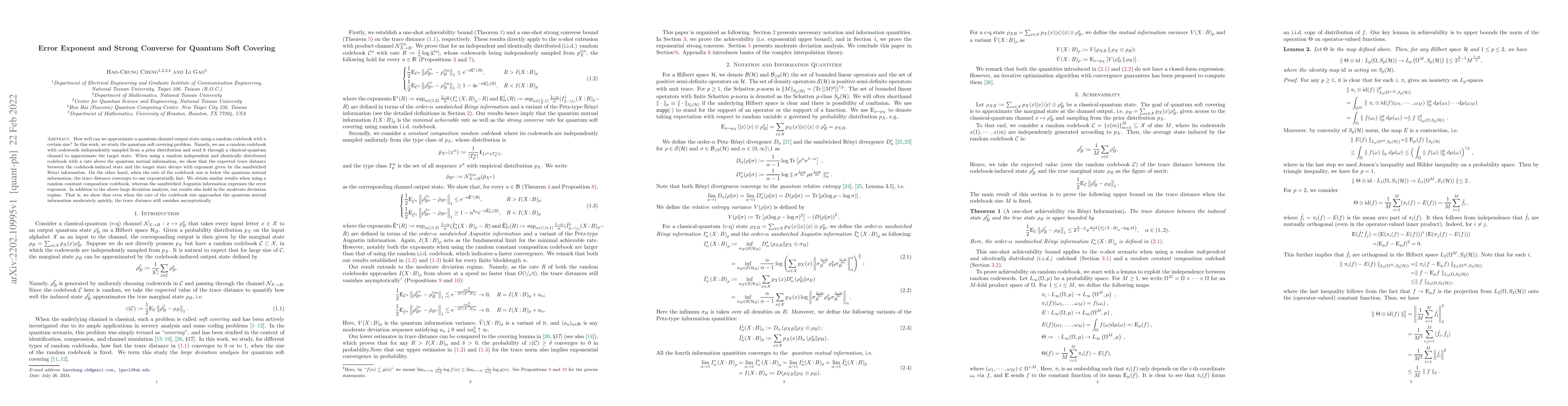 Thumbnail for Error Exponent and Strong Converse for Quantum Soft Covering