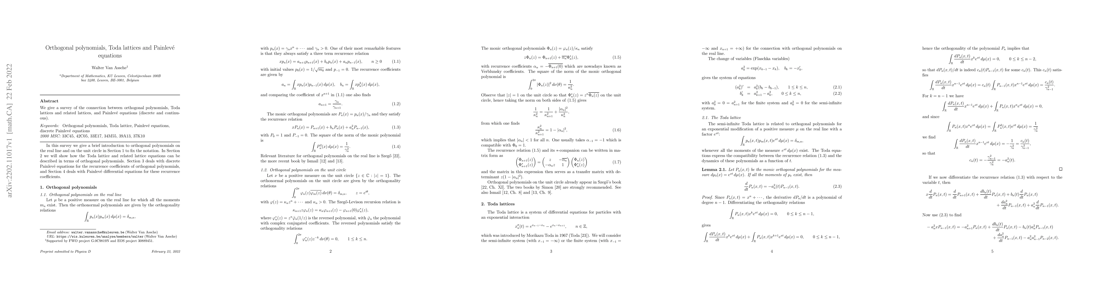 Thumbnail for Orthogonal polynomials, Toda lattices and Painlev\'e equations