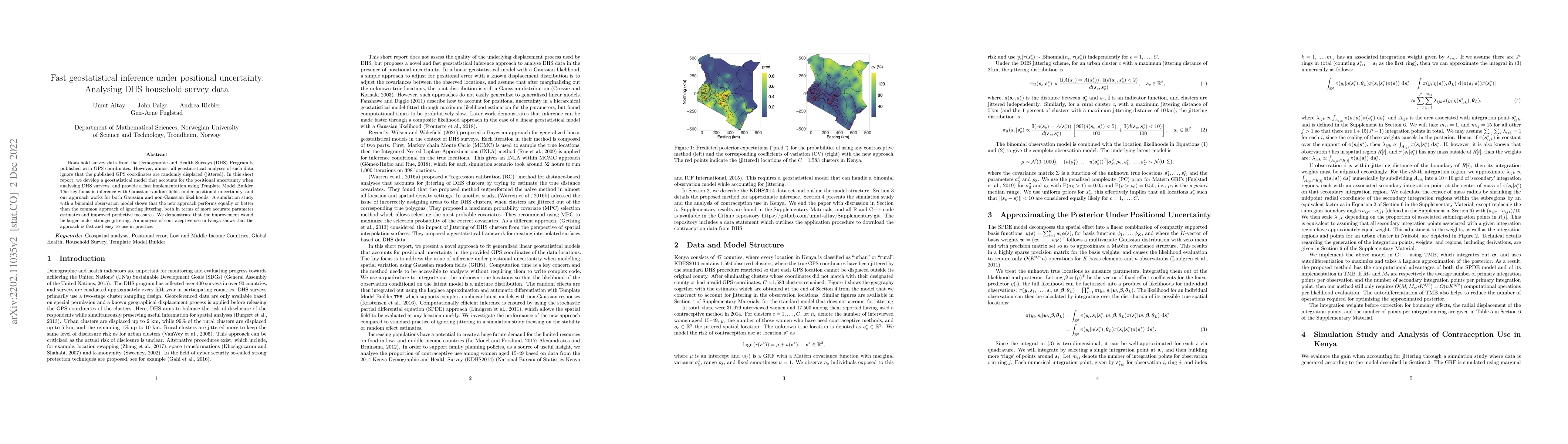 Thumbnail for Fast geostatistical inference under positional uncertainty: Analysing
  DHS household survey data