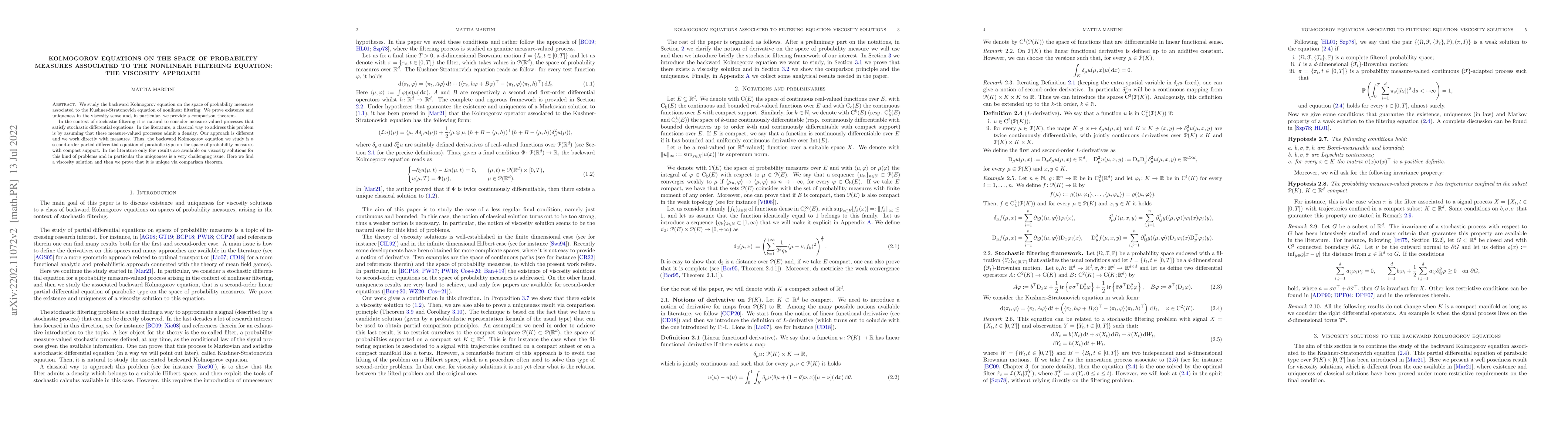 Thumbnail for Kolmogorov equations on the space of probability measures associated to
  the nonlinear filtering equation: the viscosity approach