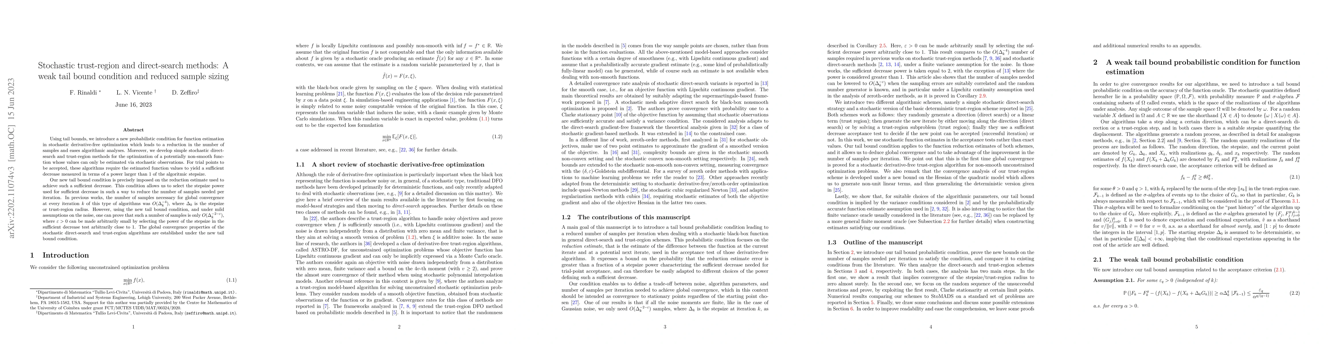 Thumbnail for Stochastic trust-region and direct-search methods: A weak tail bound
  condition and reduced sample sizing