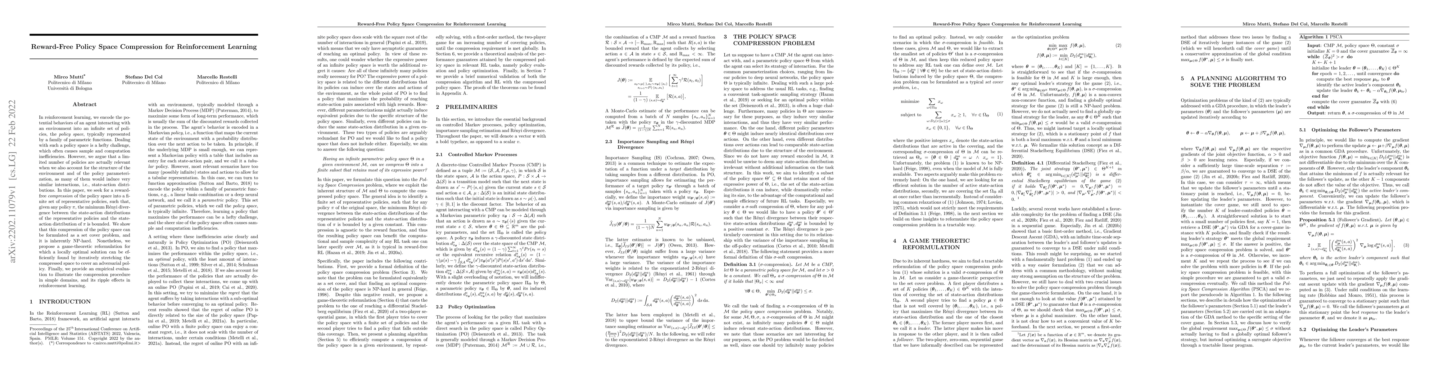Thumbnail for Reward-Free Policy Space Compression for Reinforcement Learning