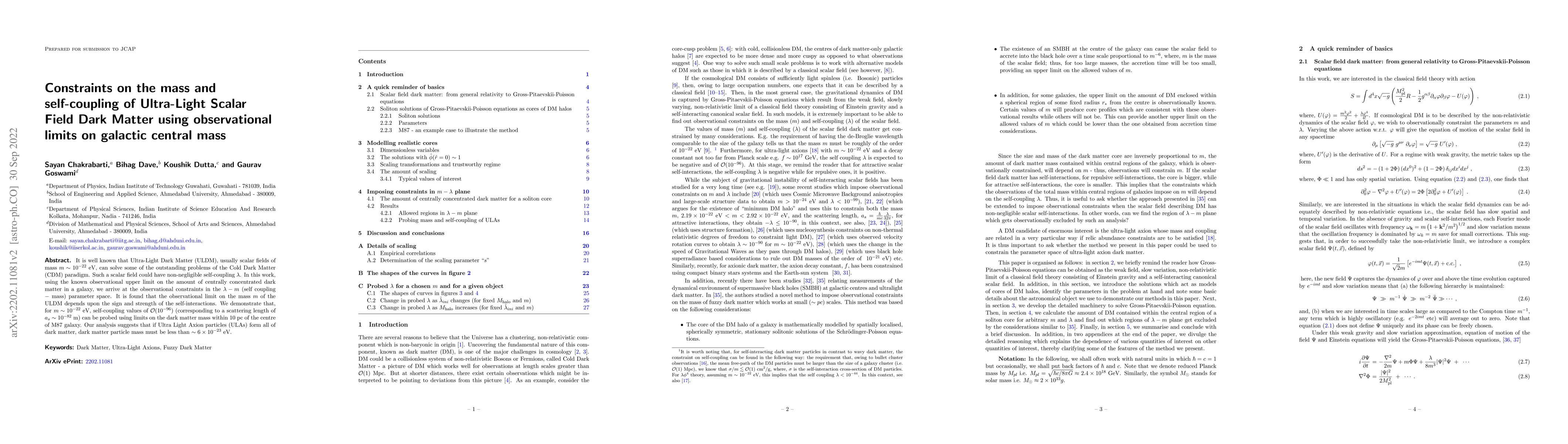 Thumbnail for Constraints on the mass and self-coupling of Ultra-Light Scalar Field
  Dark Matter using observational limits on galactic central mass