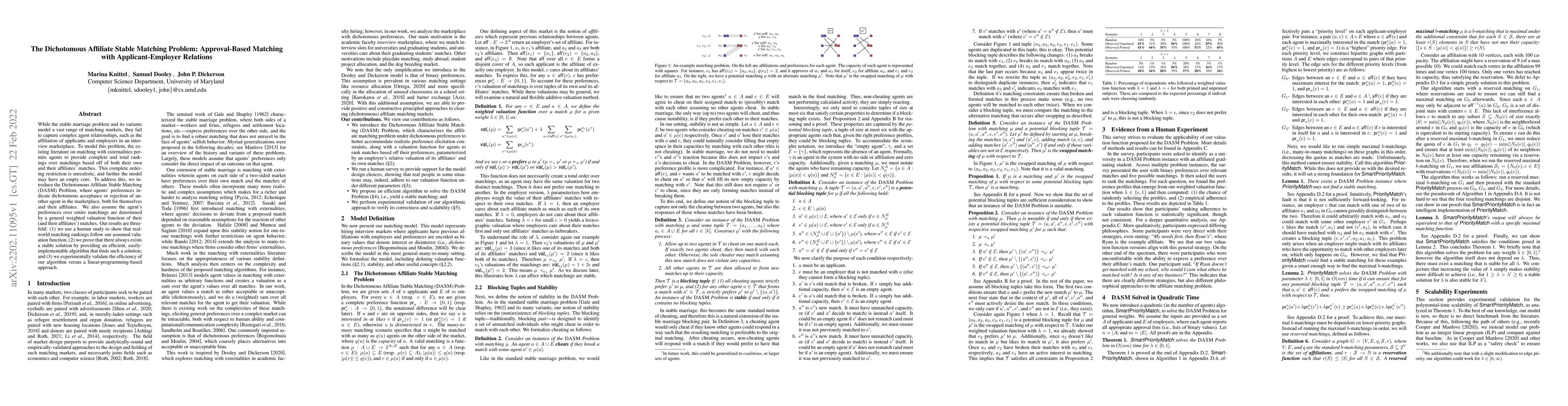 Thumbnail for The Dichotomous Affiliate Stable Matching Problem: Approval-Based
  Matching with Applicant-Employer Relations