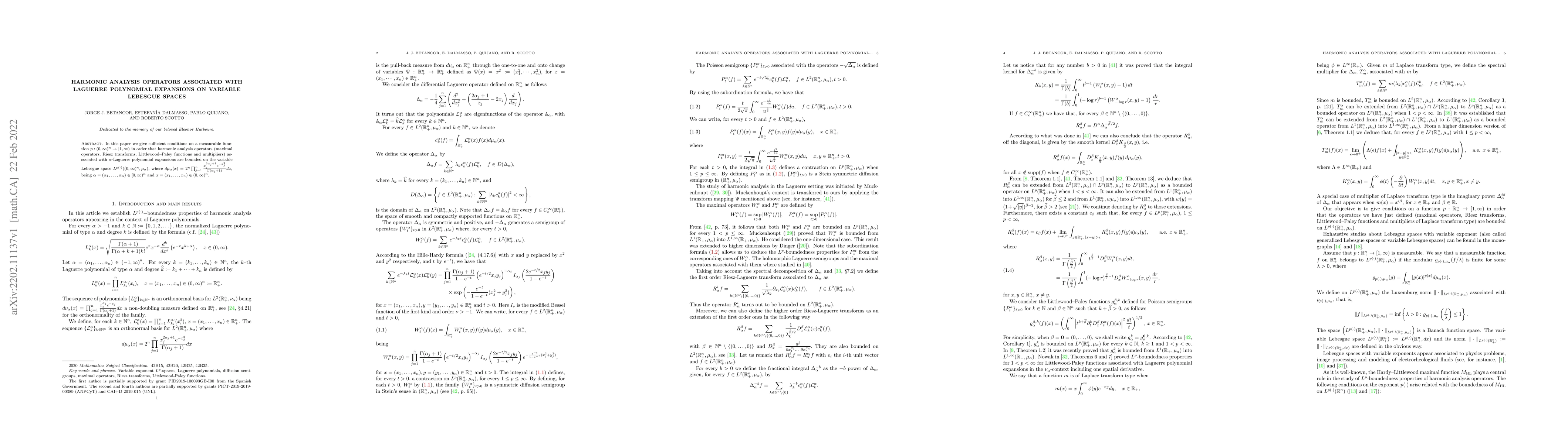 Thumbnail for Harmonic analysis operators associated with Laguerre polynomial
  expansions on variable Lebesgue spaces
