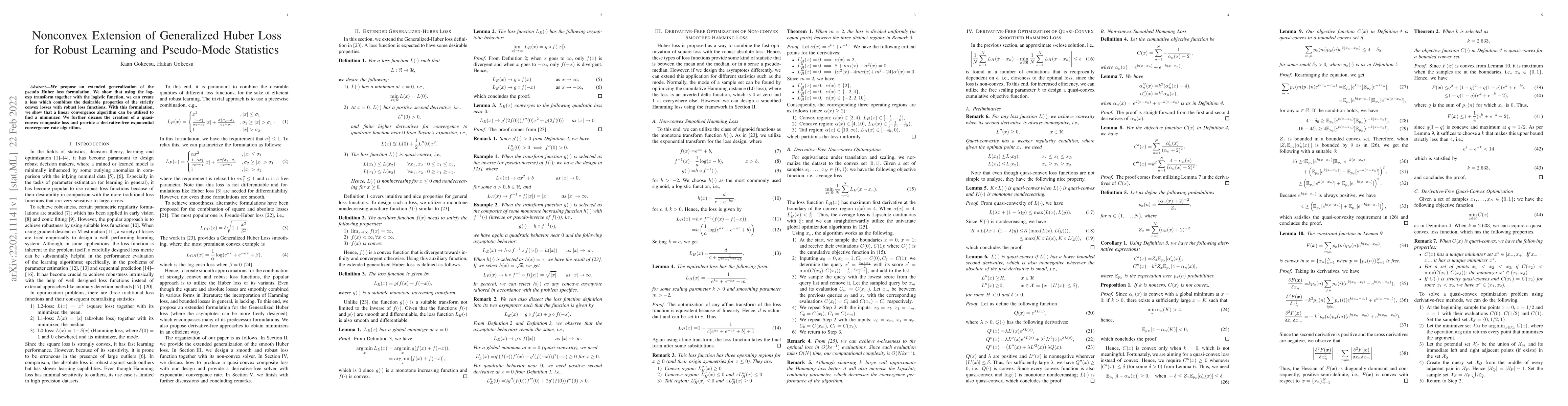 Thumbnail for Nonconvex Extension of Generalized Huber Loss for Robust Learning and
  Pseudo-Mode Statistics