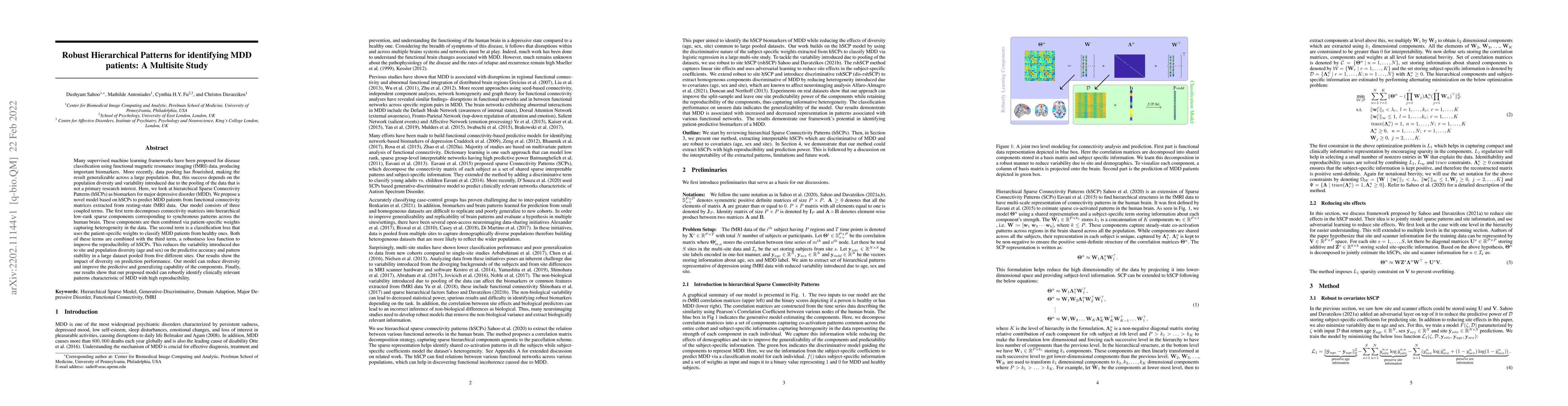 Thumbnail for Robust Hierarchical Patterns for identifying MDD patients: A Multisite
  Study