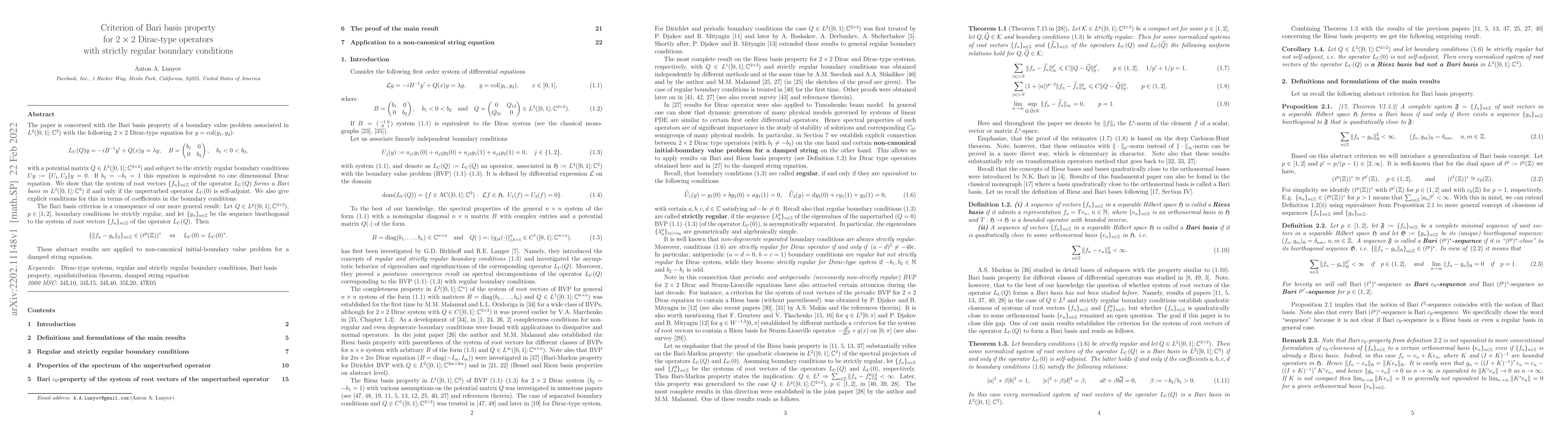 Thumbnail for Criterion of Bari basis property for $2 \times 2$ Dirac-type operators
  with strictly regular boundary conditions
