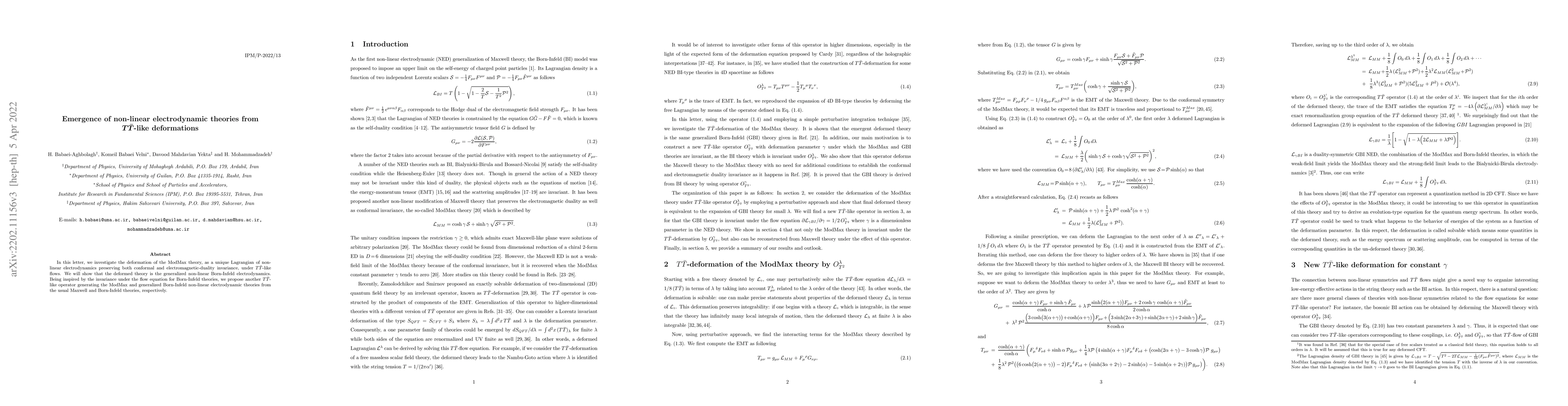 Thumbnail for Emergence of non-linear electrodynamic theories from $T\bar{T}$-like
  deformations