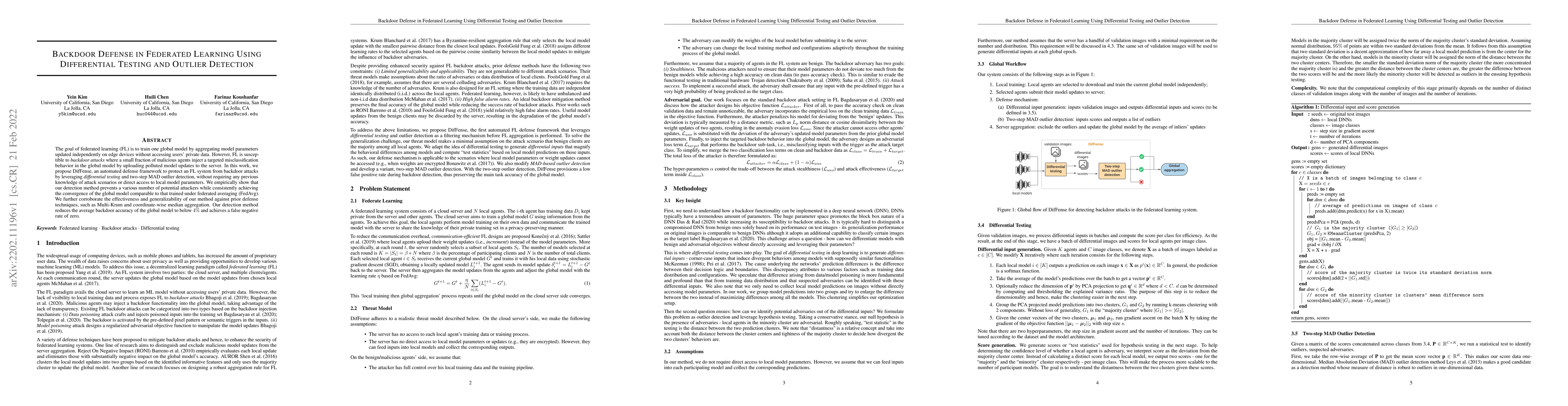 Thumbnail for Backdoor Defense in Federated Learning Using Differential Testing and
  Outlier Detection
