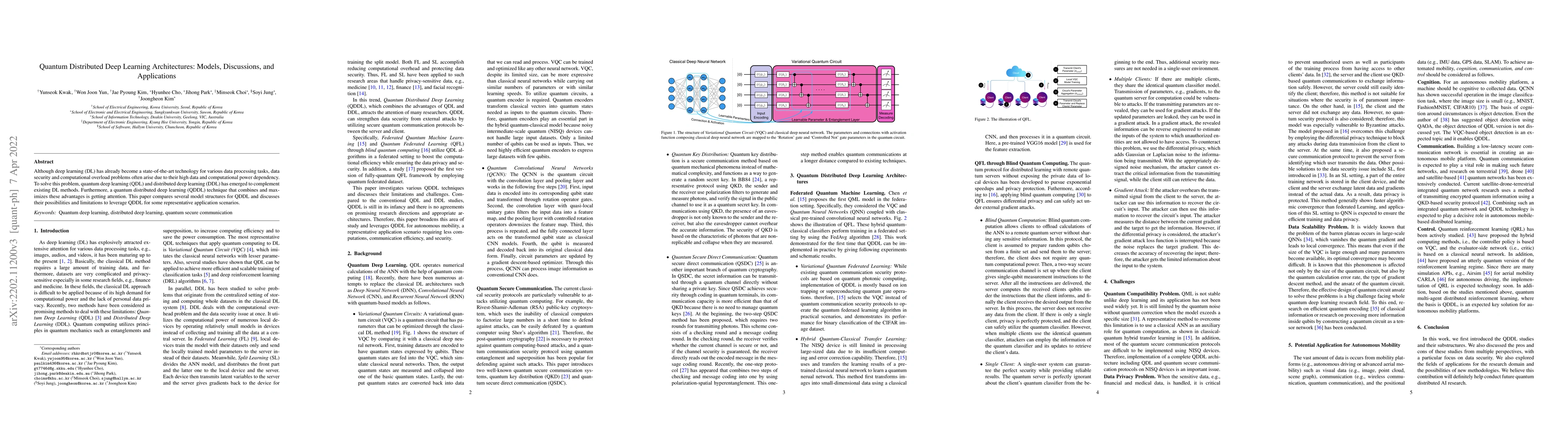 Thumbnail for Quantum Distributed Deep Learning Architectures: Models, Discussions,
  and Applications